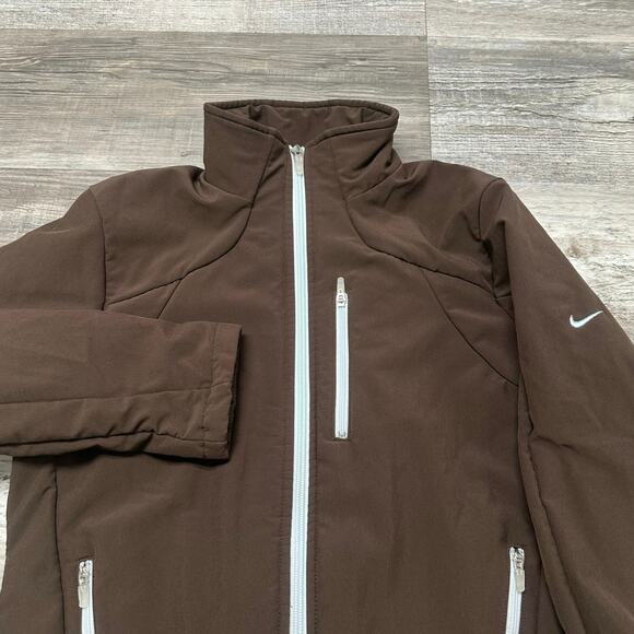 Vintage Y2K Nike Sphere Brown Blue Womens S Swoosh Full Zip Soft‎ Shell Jacket - Picture 1 of 10